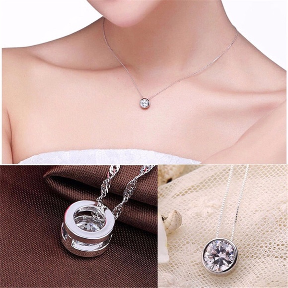 Round Crystal Rhinestone Necklace Silver Pendant - Picture 7 of 8